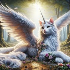 a white cat with wings sitting on the ground in front of trees and flowers, surrounded by butterflies