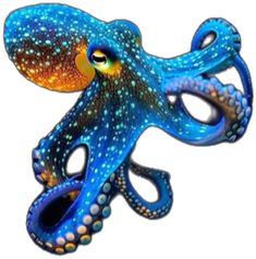 an octopus that is blue and yellow with white dots on it's body, sitting in