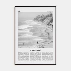 a black and white photo with the words carlsbad on it in front of a beach