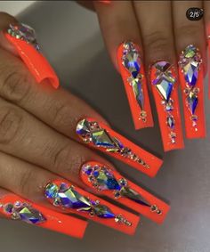 Neon Yellow Nails With Rhinestones, Neon Bling Nails Rhinestones, Bright Nails With Rhinestones, Bright Summer Nails With Rhinestones, Bright Bling Nails, Neon Orange Acrylic Nails Designs, Orange Rhinestone Nails, Neon Nails With Rhinestones, Neon Bling Nails