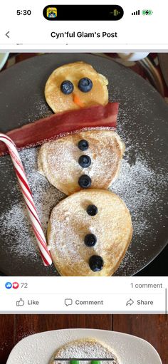 two pictures of pancakes with blueberries on them, one has a snowman face and the other has a candy cane