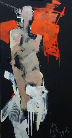 an abstract painting with black, orange and white colors