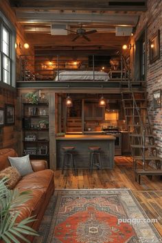 a living room filled with furniture next to a brick wall and wooden floored walls