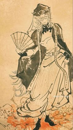 a drawing of a woman with a fan in her hand and an umbrella over her head