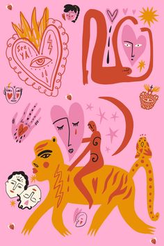 a pink background with an image of animals and hearts