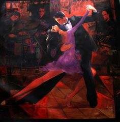 a painting of a man and woman dancing in front of other people on the dance floor