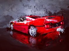 a painting of a red sports car on a black background