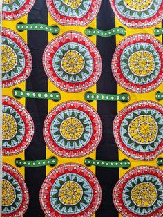 an art work with many circular designs on yellow and black background, including red circles