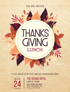 the thanksgiving giving lunch flyer is shown in red and orange leaves, on parchment paper