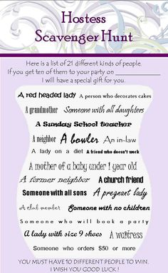 a purple and white poster with the words hostess scavenger hunt written on it