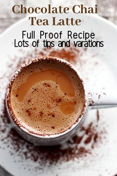 chocolate chai tea latte recipe on a plate with powdered sugar and spoon