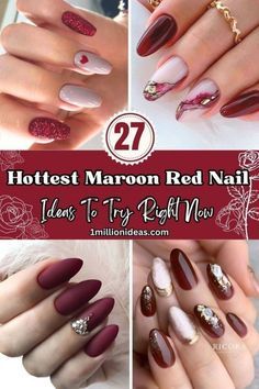 Fall Nails 2023 Maroon, Wine Red Nails Designs Fall, Maroon Acrylic Nails Design, Maroon Nail Designs Burgundy, Pretty Almond Nails Classy, Red Wine Nails Design, Maroon Nail Ideas, Maroon Nails Design, Flower Nail Art Designs