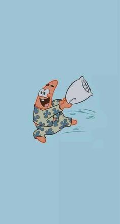 an animated character holding a trash can in his hand and running through the water with it's mouth wide open