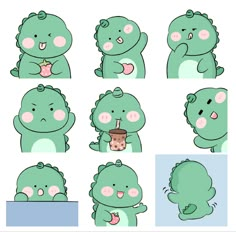 the various stages of how to draw a green monster with different expressions and poses, including drinking from a cup