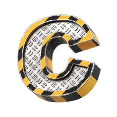 the letter c is made up of black and yellow striped metal letters with white background