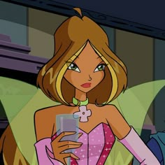 a cartoon girl holding a cell phone in her hand