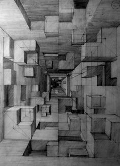 a pencil drawing of an empty room with squares and rectangles