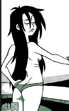 a woman with long black hair and no shirt is standing in front of a bed