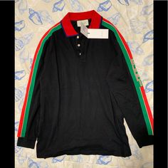 New With Tags. Retail $980. Authentic Gucci Polo With Stripe. Size Large Classic Long Sleeve Gucci Top, Gucci Black Collared Top, Black Gucci Collared Top, Black Collared Gucci Top, Gucci Polo Shirt Men, Gucci Polo Shirt, Gucci Shirts, White Polo, Cotton Polo