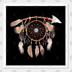 an image of a dream catcher with feathers and arrows on it's head, against a black background