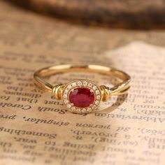 Material： 14k or 18k filled Gold Ruby Diamond or Lab stones Description 18k or 14k filled gold Oval ruby Ring, 18k or 14k filled gold natural ruby Ring, Promise Ring, Minimal Dainty Ring for Women Elegant and timeless, our 18k gold natural ruby ring is the epitome of Minimal Dainty Ring for Women. Perfect for everyday wear, this delicate piece adds a touch of sophistication to any look. Gift her the essence of understated luxury this season. - Metal: 18K or 14k filled Yellow Gold - Custom Color: Rose Gold, Yellow Gold, and White Gold - Gross weight: 2.32g - Gold Weight: 2.25g - Gemstones: Ruby, Diamond or Lab stones - Ruby CTW: 0.31(1 pc) - Diamond CTW: 0.042(18 pcs) *production time is about 2-3 weeks from the day the order is in. Oval Ruby Ring, Antique Ruby Ring, Rubin Ring, Diamond Ring Gold, Ruby Diamond Ring, Natural Ruby Ring, Ring Minimal, Gifts For Her Birthday, Ruby Diamond Rings