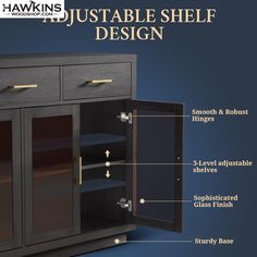 an image of a cabinet with its doors open and features labels on the front side