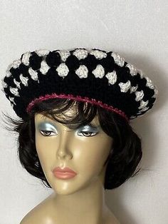 Beret Hat Women’s Granny Square Black And White | eBay Trendy Handmade Black Hats, Trendy Black Handmade Hats, Vintage Black Hat For Spring, Retro Black Hat For Spring, Black Crochet Hat With Curved Brim, Adjustable Wide Brim Black Crochet Hat, Casual Fitted Crochet Hat With Curved Brim, One Size Black Crochet Hat For Spring, Black Casual Hat For Festivals