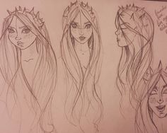 three drawings of women with crowns on their heads