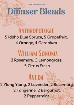 Popular candle scents made into diffuser blends! Perfect for a clean, Spring home!! Ditch and switch your cabdles for diffusing! Diy Williams Sonoma Scent, William Sonoma Oil Blend, William And Sonoma Scent, Aveda Scent Recipe, Energy Oil Blend Diffuser Recipes, Home Office Diffuser Blend, Diffuser Blends With Rosemary, Aveda Diffuser Blend, Geranium Bourbon Diffuser Blend