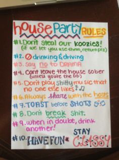 a house party rules sign is posted on the wall