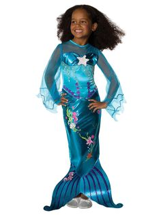 Get your kids this fabulous outfit from under the sea! Dress them up in the Magical Mermaid Toddler/Child Costume! The full-length blue dress has a few nautical designs including a white starfish sequin. The striped finny finish and sheer sleeves totally make your girls the underwater princess they've dreamed of becoming. Order it today! Toddler Fish Costume, Princess Ariel Dress, Princess Dress Patterns, Mermaid Halloween Costumes, Fish Costume, Magical Mermaid, Mermaid Halloween, Marine Uniform, Bubble Guppies