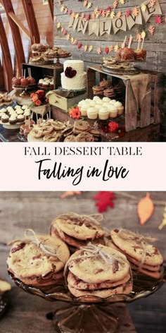 fall dessert table with cookies and pies in the middle, falling in love sign above