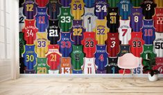 a basketball jersey wallpaper mural in an empty room