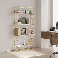 a room with a desk and shelves filled with books