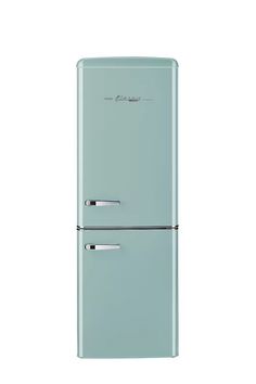 a blue refrigerator freezer sitting on top of a white wall