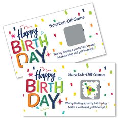 two birthday cards with the words scratch - off game and an image of a video game