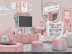 a room with pink furniture and pictures on the wall, including a mirror, dresser, chair, ottoman, stools and other items