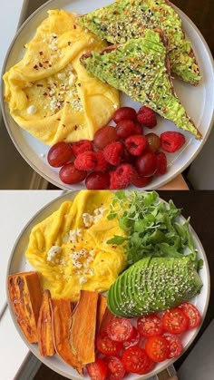 two plates with different types of food on them, one has avocado and the other has strawberries