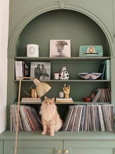 a cat sitting on top of a green book shelf next to a lamp and record player