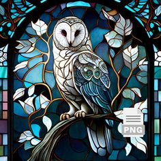 an owl sitting on top of a tree branch in front of a stained glass window