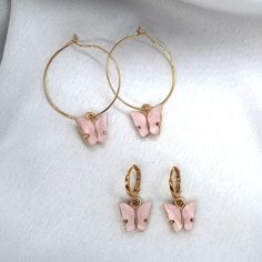 Pink Butterfly Earring Set. Cute Single Hoop Earring, Cute Nickel-free Metal Hoop Earrings, Cute Nickel-free Hoop Jewelry, Pink Metal Everyday Jewelry, Everyday Pink Pierced Earrings, Cute Metal Hoop Earrings, Pink Metal Hoop Earrings, Pink Metal Clip-on Earrings As A Gift, Pink Metal Clip-on Earrings For Gift