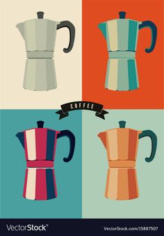 different types of espresso coffee maker in four colors and black, white, red, blue