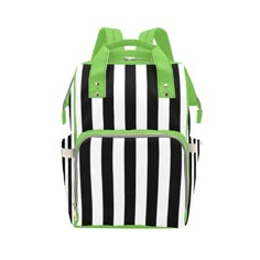 a black and white striped backpack with green straps