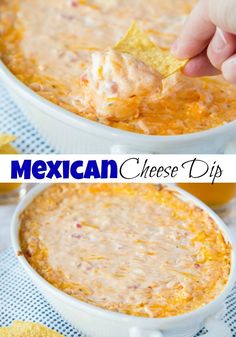 mexican cheese dip in a white bowl with a hand holding a tortilla chip