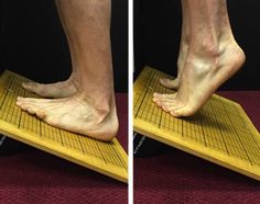 two pictures of the same person's feet on a yellow mat