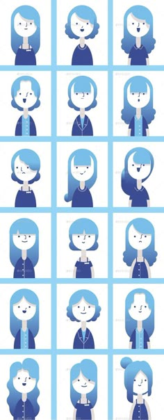 an image of people with different expressions on their faces and hair styles, all in blue