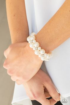 Flirt Alert Bracelets-Lovelee's Treasures-bracelets,classic white rhinestones,jewelry,stretchy bands,white,white pearls Paparazzi Jewelry Images, White Pearl Bracelet, White Bracelet, White Bracelets, Jewelry Watch, Silver Frames, Paparazzi Accessories, Blue Gems, White Rhinestone