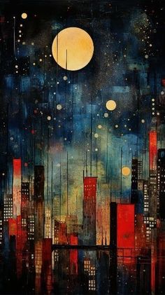 an abstract painting of cityscape with the moon in the sky and stars above it