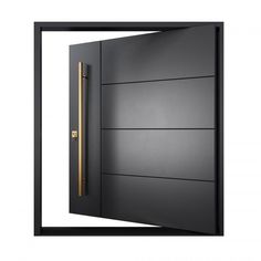 an open black door with gold handles