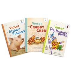 three children's books about crabby crabs and violet the stinky piglet